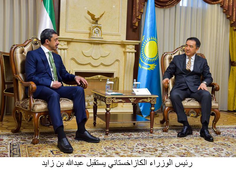President of Kazakhstan, Nursultan Nazarbayev, on Wednesday receives Sheikh Abdullah bin Zayed, Minister of Foreign Affairs and International Cooperation, in the Kazakh capital, Astana. Wam