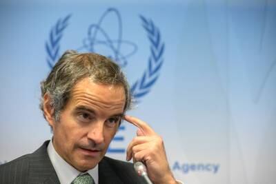 Director general of IAEA Rafael Mariano Grossi attends a press conference before the meeting. EPA
