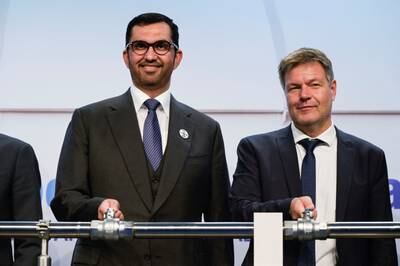 Dr Sultan Al Jaber, Minister of Industry and Advanced Technology, and German Vice Chancellor Robert Habeck mark the first delivery in Hamburg, Germany. Reuters