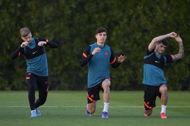 Chelsea forward Christian Pulisic, right, Kai Havertz, and Timo Werner during a training session in Abu Dhabi. AP