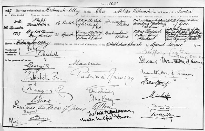 21st November 1947:  The marriage register of Princess Elizabeth and Lieutenant Philip Mountbatten, bearing the signatures of Philip and Elizabeth, the King and Queen and members of the Royal Family.  (Photo by Topical Press Agency/Getty Images)