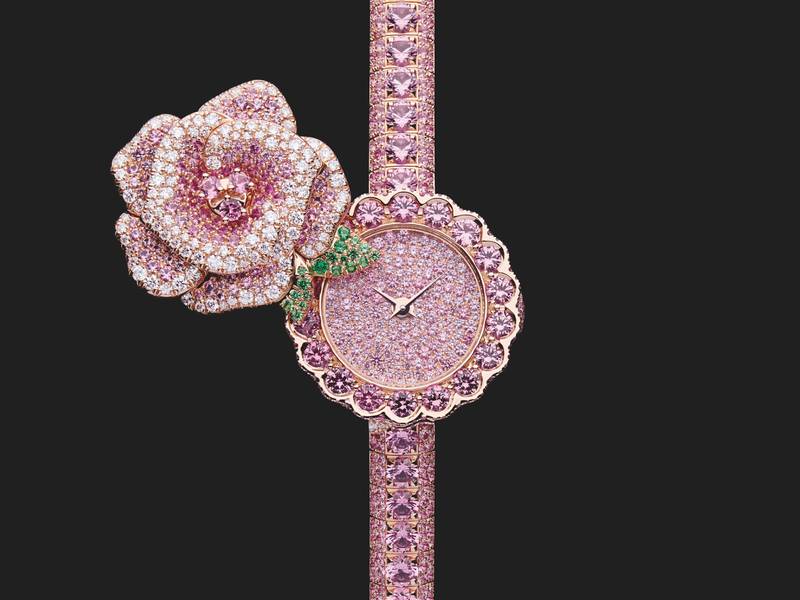 The Preecieuse a Secret Rose Dior watch features pink sapphires, tsavorites and diamonds. Courtesy Dior