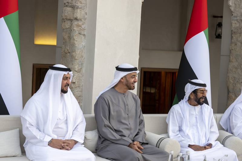 Sheikh Mohamed bin Zayed, Crown Prince of Abu Dhabi and Deputy Supreme Commander of the Armed Forces; Sheikh Hamdan bin Zayed, Ruler’s Representative in Al Dhafra Region; and Sheikh Tahnoun bin Mohamed, Ruler's Representative in Al Ain Region, attend the group wedding reception.