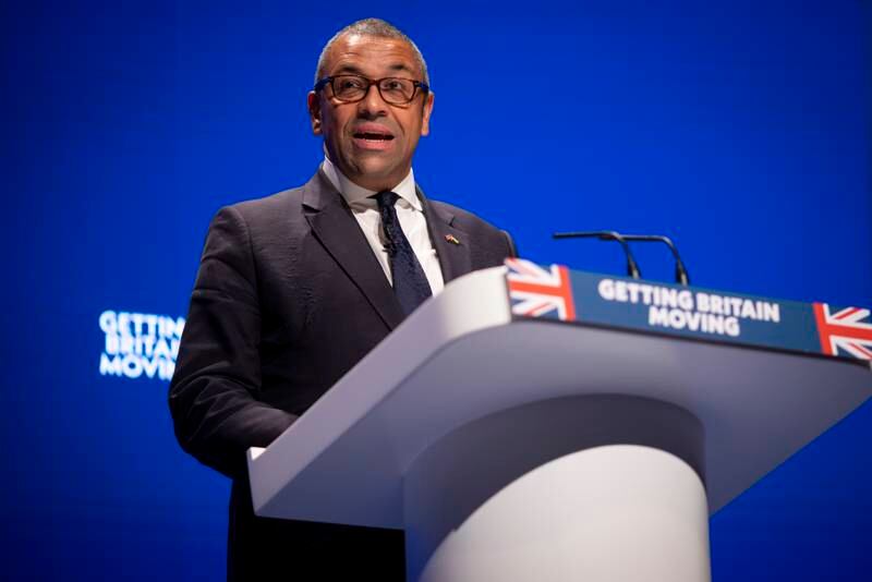 British Foreign Secretary James Cleverly speaks during the Conservative Party's annual conference in Birmingham. EPA