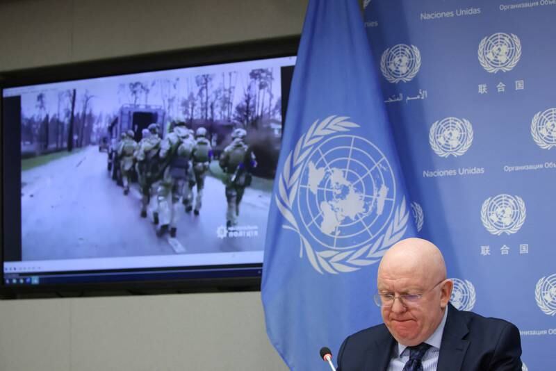 Russian Ambassador to the UN Vassily Nebenzya plays video allegedly captured in Ukraine to journalists at the United Nations Headquarters in Manhattan on Monday. Reuters