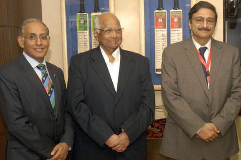 Zaka Ashraf, right, Pakistan's new cricket board chief, with ICC president Sharad Pawar, centre, and  ICC chief executive Haroon Lorgat.