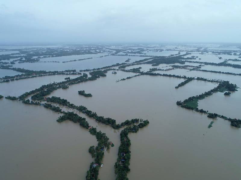 An aerial view of flooded Kuttanad in Alappuzha district, in the southern state of Kerala, India, Sunday, Aug.19, 2018. Over 300 people have died and 300,000 are displaced in the worst flooding in a century. (AP Photo/ Charly K C)