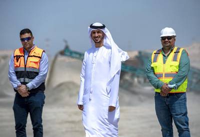 Abu Dhabi, United Arab Emirates, March 10, 2021.  A tour of the Ghayathi waste crusher facility in Al Dhafra region.  (L-R). Mohannad Raouf, Plant Manager, Al Dhafra Recycling Indstries; Khalid Al Khanbashi, Tadweer Ghayathi; Ahmed Nour Gamil, Operations director, EIS.Victor Besa/The NationalSection:  NAReporter:  Haneen Dajani