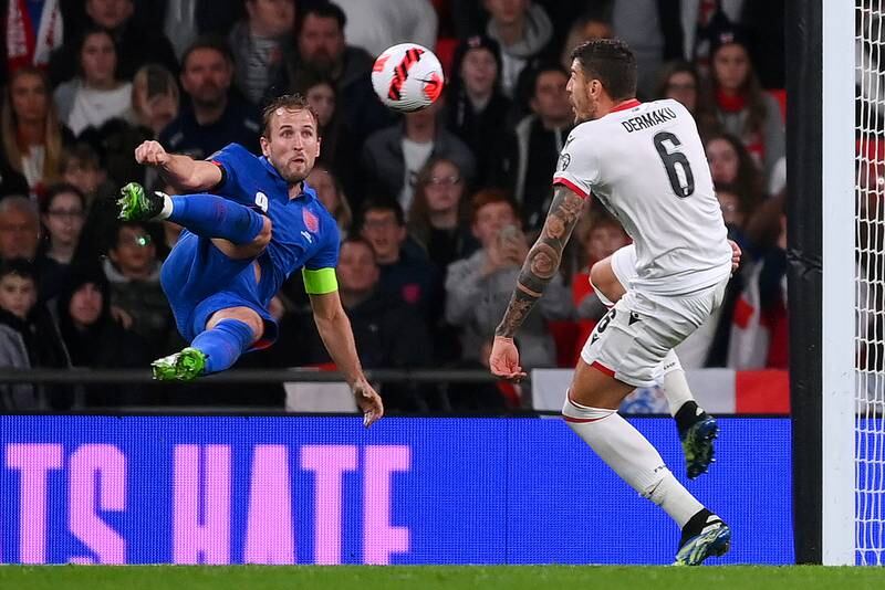 44) Kane scores England's  fifth goal and his hat-trick against Albania. Getty