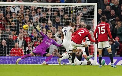 Manchester United's Victor Lindelof scores his side's first goal against Luton Town at Old Trafford on Saturday,  November 11, 2023. PA