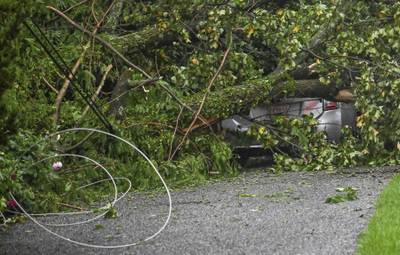 Another fallen tree landed on a car in Towson, Maryland. The Baltimore Sun / AP