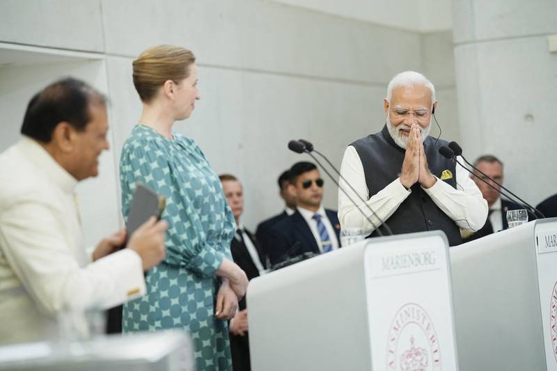 Indian Prime Minister Narendra Modi and Danish Prime Minister Mette Frederiksen attend a news briefing at the Prime Minister's official residence Marienborg, north of Copenhagen. Reuters