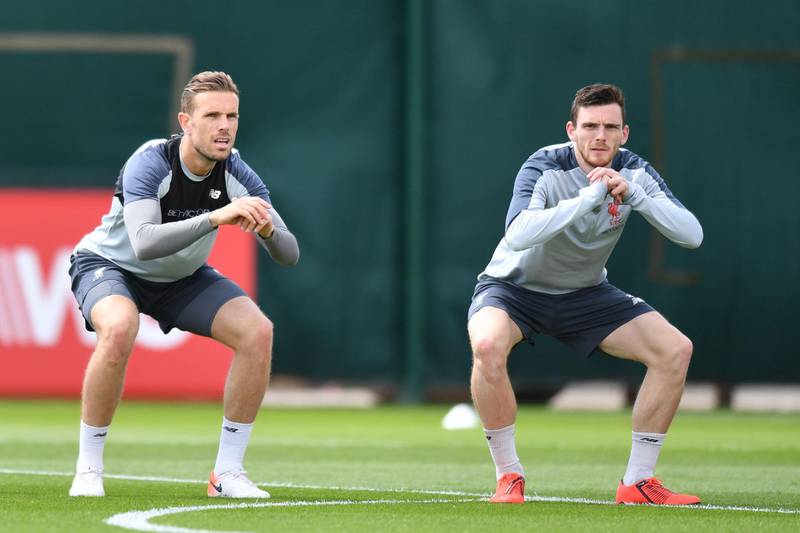 Liverpool's English midfielder Jordan Henderson (left) and Liverpool's Scottish defender Andrew Robertson take part in a training session at Melwood. AFP