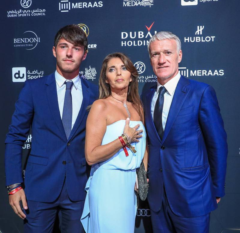 Dubai, U.A.E. . January 3, 2019.Global Soccer Awards, red carpet at the Madinat Jumeirah.  (R) Didier Deschamps, French retired footballer who has been manager of the France national team since 2012 with his son Dylan and wife, Claude at the awards.Victor Besa / The NationalSection:  SPReporter: