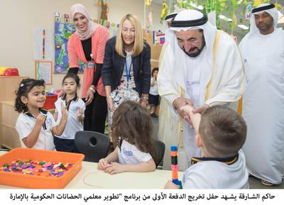 Sheikh Dr Sultan bin Mohammed Al Qasimi, Ruler of Sharjah, attends the graduation for the first batch of government nursery teachers who underwent a training course, at Victoria International School in Sharjah. Wam