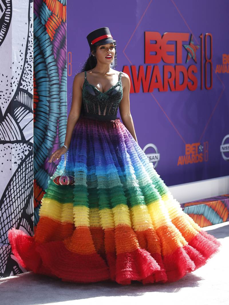 Janelle Monae, wearing a rainbow Nicolas Jebran gown, attends the 2018 BET Awards on June 24, 2018. Reuters 