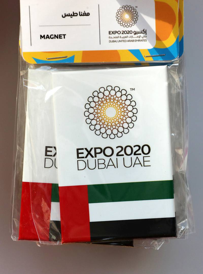 DUBAI , UNITED ARAB EMIRATES, Jan 13  – 2020 :- Souvenir of Expo 2020 for visitors on display at the Expo 2020 house of Volunteers office in Dubai.  (Pawan Singh / The National) For News/Big Picture/Online/Instagram. Story by Ramola