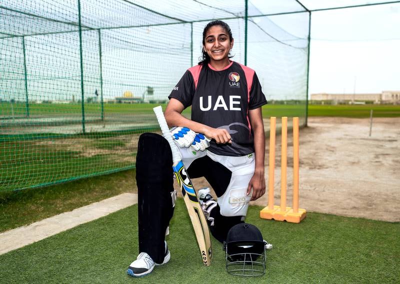 Sharjah, U.A.E., March 26, 2018.  Esha Oza, 19, is a member of the UAE team travelling to the Women’s World Twenty20 Cup Qualifier in the Netherlands. She was the top scorer in the UAE Women’s T20 National League.Victor Besa / The NationalSection:  SportsReporter:  Amith Passela