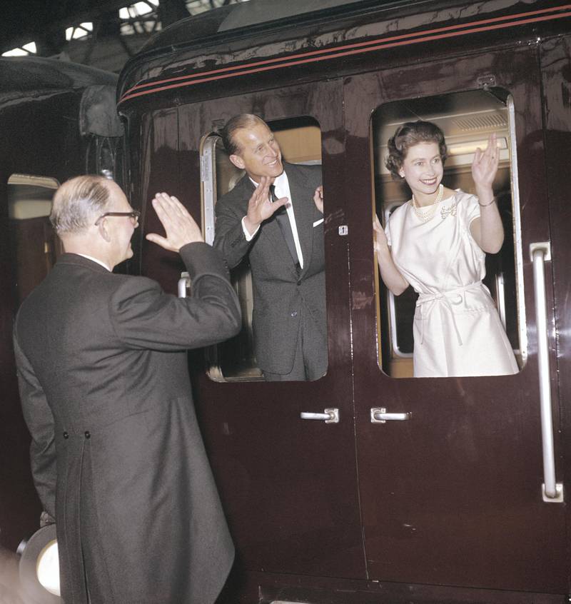 Queen Elizabeth II and Prince Philip leave Manchester by train, 24th May 1961. (Photo by Fox Photos/Hulton Archive/Getty Images)