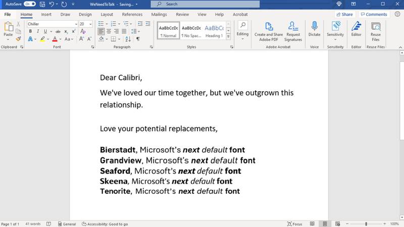 The five fonts that were in contention in 2021 to be the new Microsoft default font. Photo: Microsoft 