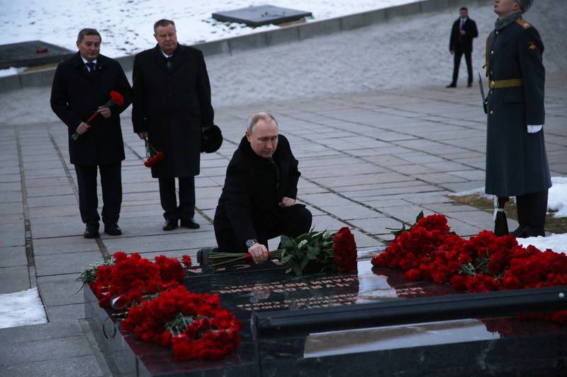 Vladimir Putin lays flowers on the tomb of Soviet Marshal Vasily Chuikov, at the Mamayev Kurgan memorial complex in Volgograd, formerly Stalingrad. Reuters