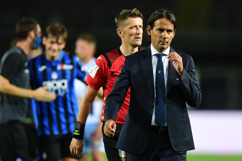 Lazio manager Simone Inzaghi leaves the pitch after the defeat to Atalanta. AFP