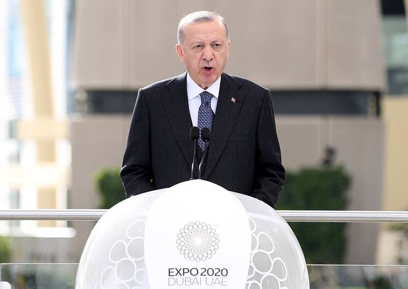 Turkey's President Recep Tayyip Erdogan gave a speech at Expo 2020 Dubai. Chris Whiteoak / The National