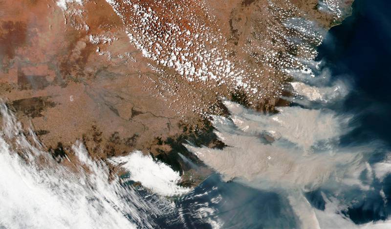 This satellite image provided by NASA on Saturday, January 4, 2020, shows wildfires in Victoria and New South Wales, Australia.  AP