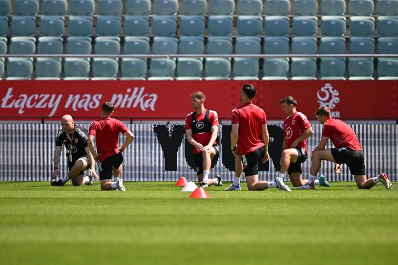 The Wales squad warm up during training for their Uefa Nations League clash with Poland on Wednesday, June 1. EPA