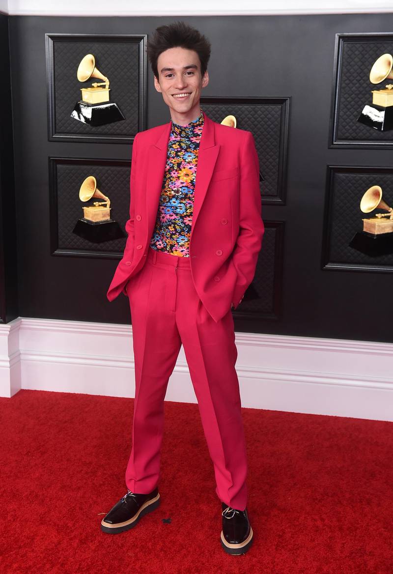 YouTube sensation Jacob Collier, who won a Grammy, kept with the spring theme in a pink suit paired with a flowery shirt. AP