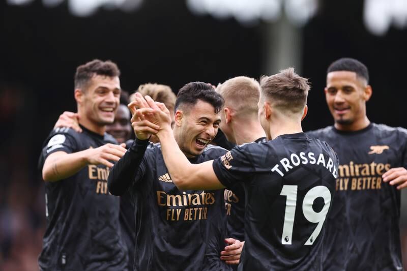 Gabriel Martinelli celebrates with teammates after scoring Arsenal's second goal. Getty