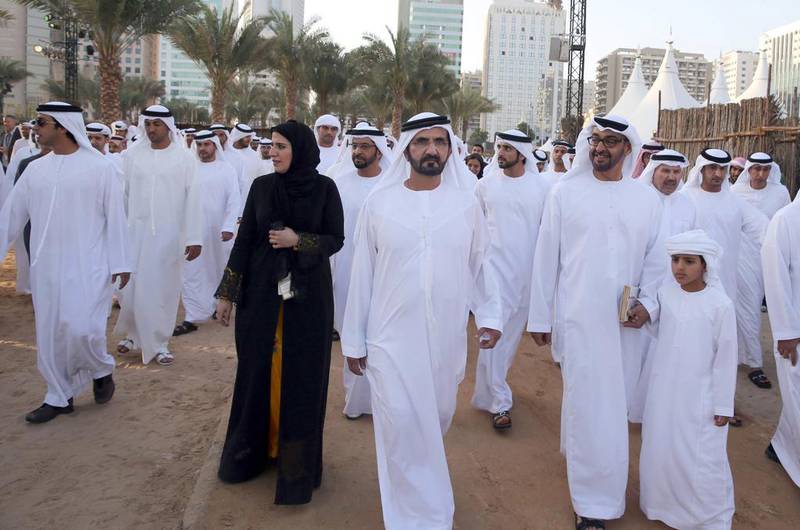 Sheikh Mohammed bin Rashid, Sheikh Mohammed bin Zayed and Sheikh Hamdan bin Mohammed bin Rashid at the Qasr Al Hosn Festival. Wam