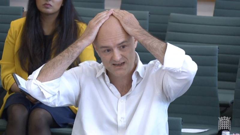 epa09228510 A frame grab from video provided by the UK Parliament shows Dominic Cummings, former Special Advisor to British Prime Minister Boris Johnson, giving evidence at the Science and Technology Committee and Health and Social Care Committee in central London, Britain, 26 May 2021. Cummings is giving evidence over the government's handling of the Covid-19 coronavirus crisis.  EPA/UK PARLIAMENTARY RECORDING UNIT HANDOUT -- MANDATORY CREDIT: UK PARLIAMENTARY RECORDING UNIT -- HANDOUT EDITORIAL USE ONLY/NO SALES