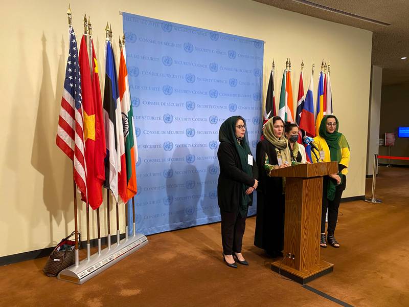 Former Afghan diplomat Asila Wardak, former Afghan politician and peace negotiator Fawzia Koofi, Afghan journalist Anisa Shaheed and former Afghan politician, Naheed Fareed speak to reporters outside the UN Security Council, in New York.  Reuters