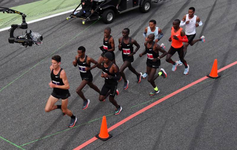 R-L) Eliud, Kipchoge, Zersenay, Tadese, and Lelisa Desisa run during the Nike Breaking2: Sub-Two Marathon Attempt at Autodromo di Monza on May 6, 2017 in Monza, Italy.  (Photo by Pier Marco Tacca/Getty Images)