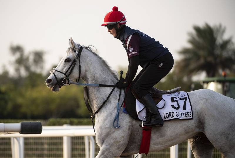 Dubai Turf contender Lord Glitters warms up ahead of the morning track work at Meydan. AP Photo