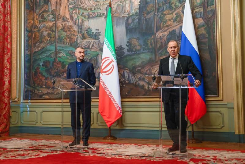 Russian Foreign Minister Sergey Lavrov, right, and Iran's Hossein Amirabdollahian after their talks in Moscow, Russia, on March 15. EPA