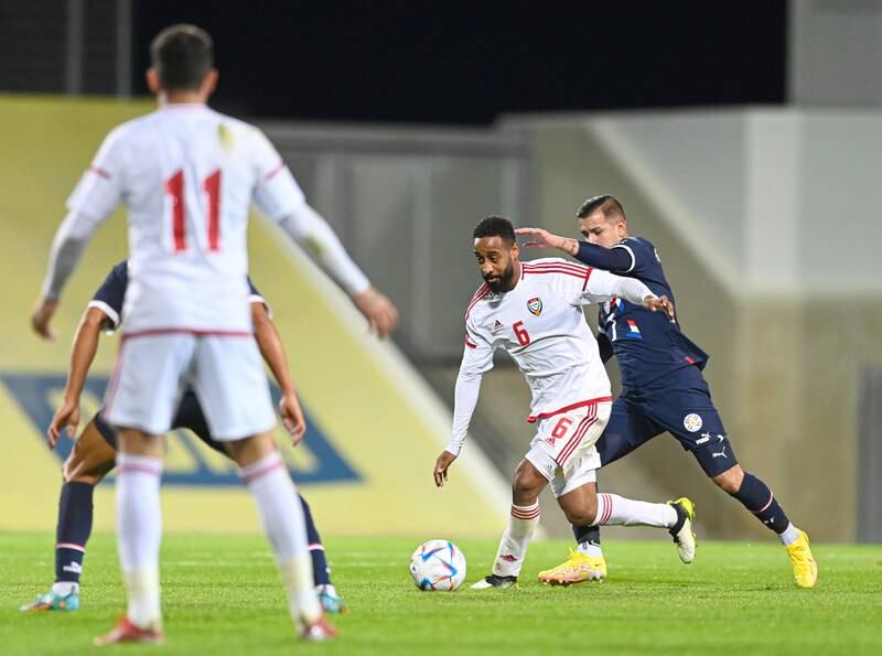 Majid Rashid holds off a challenge during the UAE's friendly against Paraguay in Austria. Photo: UAE FA