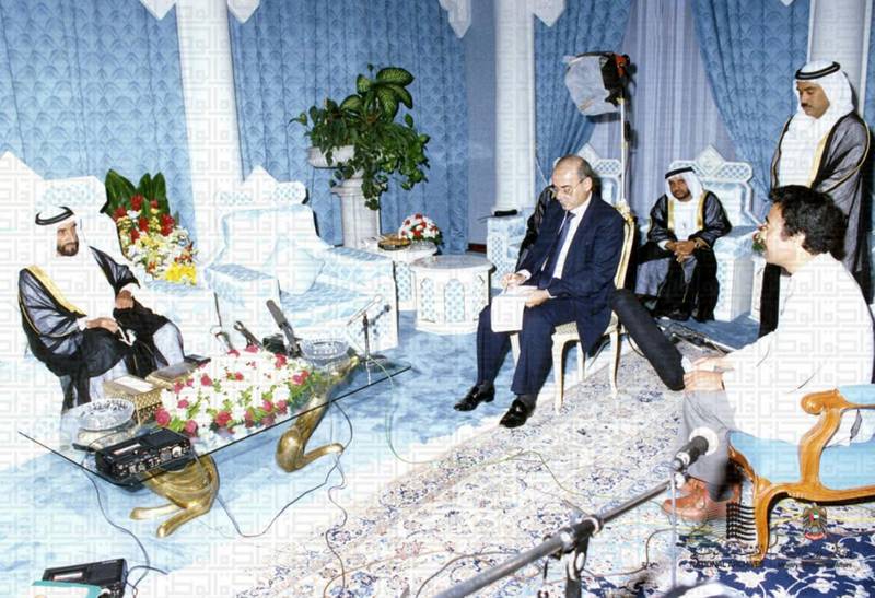 Sheikh Zayed is interviewed during his visit to China in 1990. Courtesy National Archives