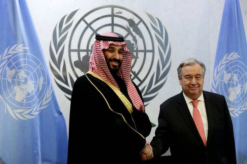 Saudi Arabia's Crown Prince Mohammed bin Salman shakes hands with UN Secretary-General Antonio Guterres during a photo opportunity at the United Nations headquarters in the Manhattan borough of New York City. Amir Levy / Reuters