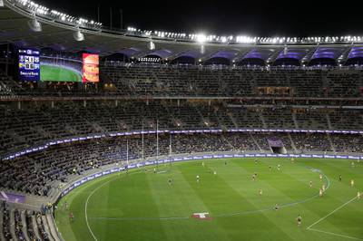 PERTH, AUSTRALIA - JULY 19: A general view of play is seen during the round 7 AFL match between the Fremantle Dockers and the West Coast Eagles at Optus Stadium on July 19, 2020 in Perth, Australia. (Photo by Paul Kane/Getty Images)