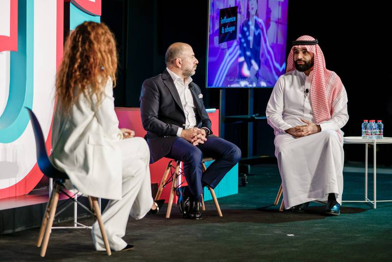 Akef Aqrabawi (middle), president of Injaz Al-Arab, and Talal Al Fayez (right), TikTok’s head of public policy for the Middle East, North Africa and Turkey region, launched the 'Are you future ready?' campaign in Dubai on Tuesday. Photo: TikTok