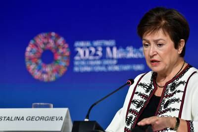 Kristalina Georgieva, managing director of the International Monetary Fund, addressing the press briefing in Marrakesh on Thursday. EPA