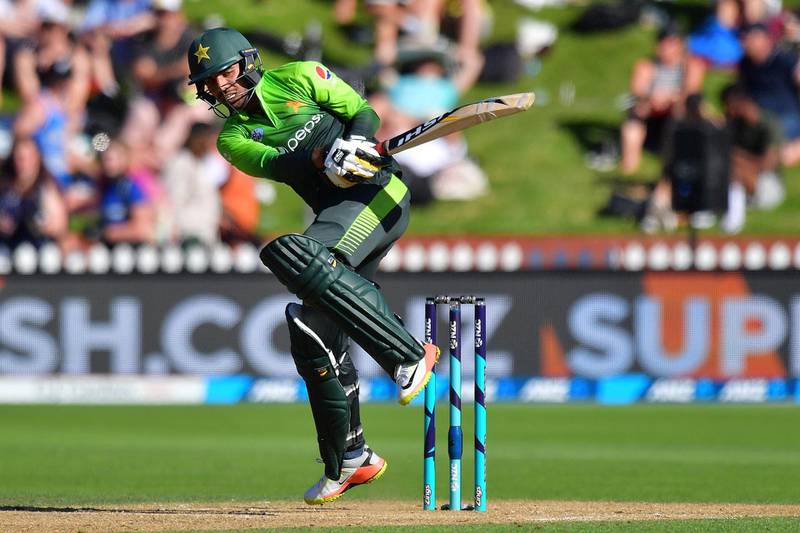 Pakistan's Shadab Khan bats during the 5th one-day international cricket match between New Zealand and Pakistan at the Basin Reserve in Wellington on January 19, 2018.   / AFP PHOTO / Marty MELVILLE