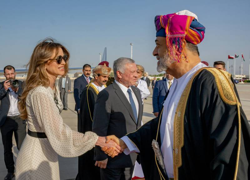 Sultan Haitham of Oman greets Queen Rania of Jordan. Photo: Oman News Agency