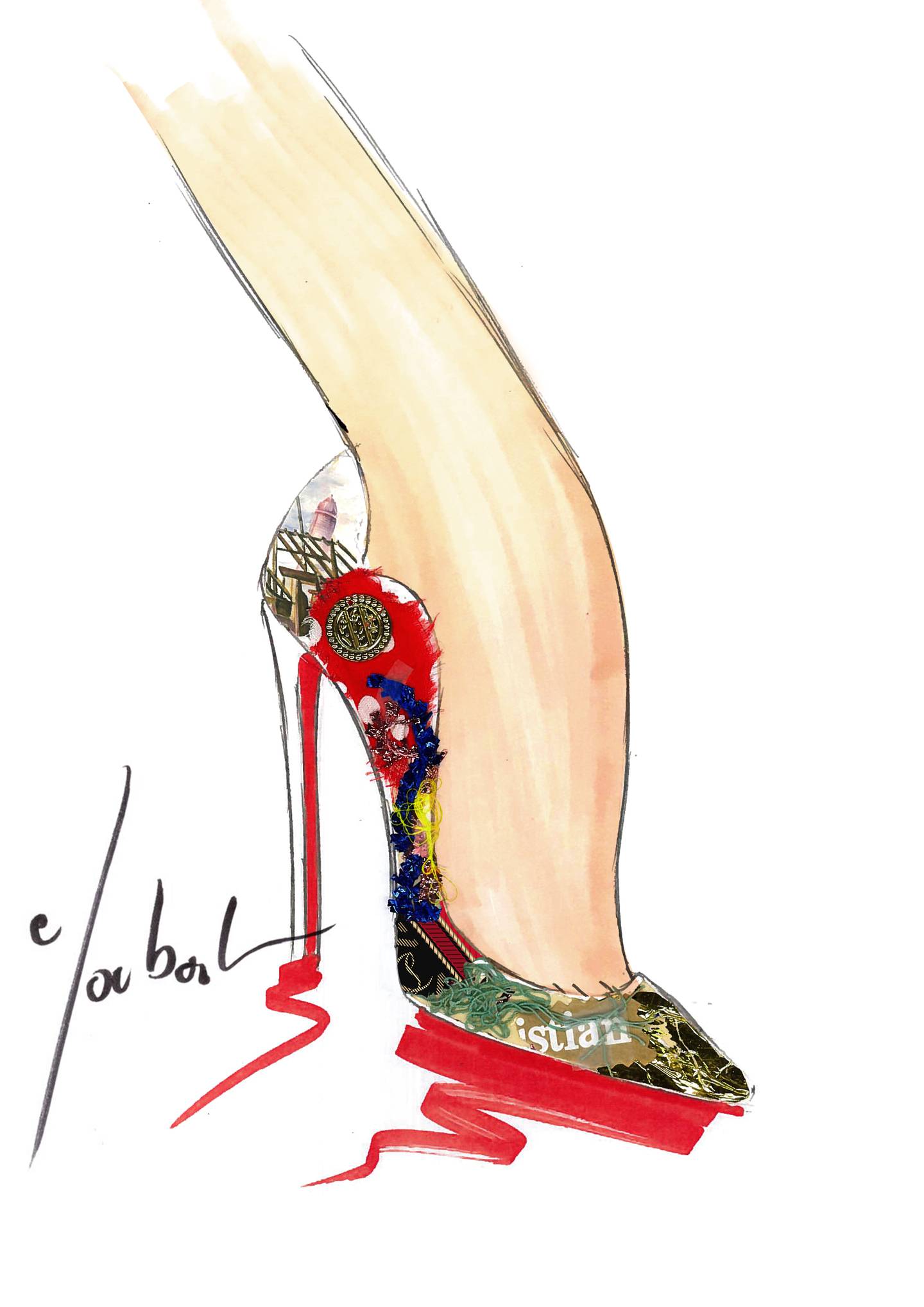 A sketch by Christian Louboutin of the "Hot Chick" shoe, created as part of the  "Golden Capsule" collection made especially for the UAE's 50th National Day. Courtesy Louboutin