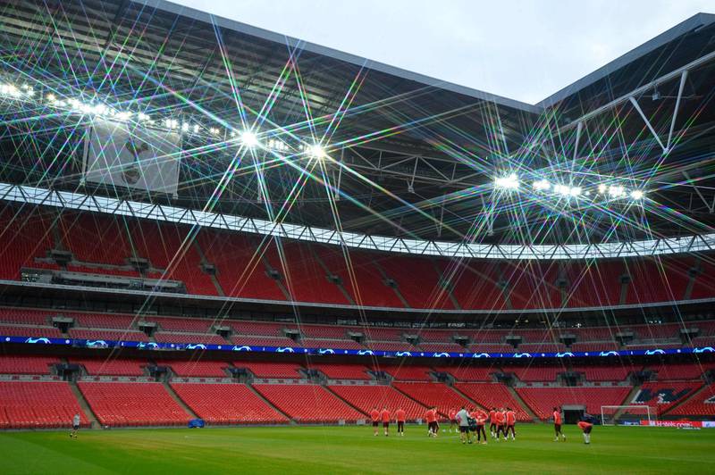 Barcelona players attend a team training session at Wembley Stadium. AFP