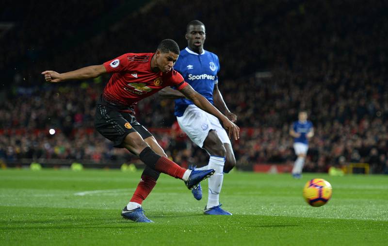 Manchester United's Marcus Rashford shoots at goal during the win against Everton. Reuters