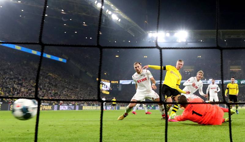Dortmund's Erling Haaland (C) scores his first goal to make it 4-1 after coming on as a second half substitute. EPA