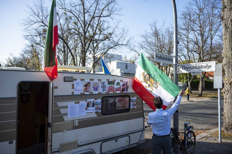 A protest camp in front of the Iranian Embassy in Berlin in solidarity with protesters in Iran. AP